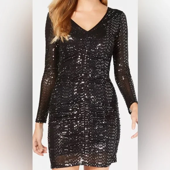 Women’s Formal Dress Size 10, 14 GUESS Black Long Sleeve Sequins Short Body Com - Picture 1 of 7
